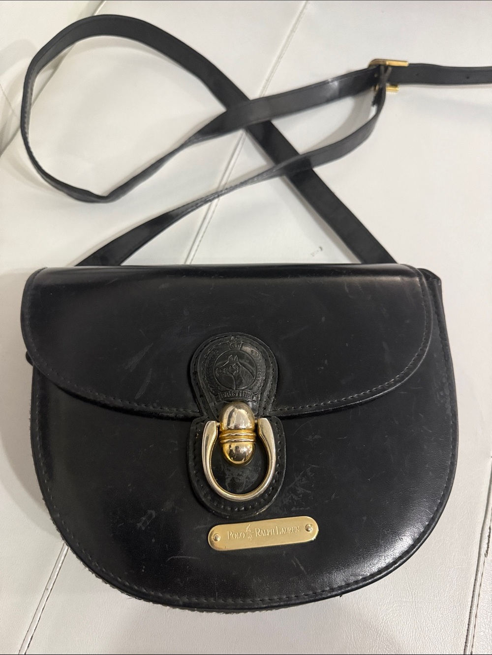 Polo Ralph Lauren Vintage Leather Saddle Crossbody Bag Black Equestrian Horse